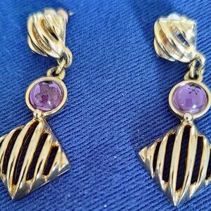 Vintage Cabochon Amethyst in Faux Gold Earrings